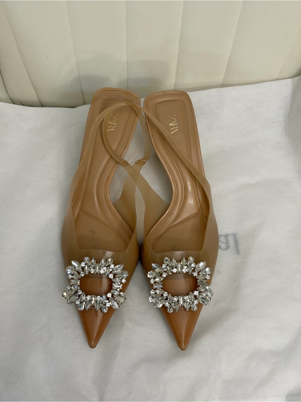 ZARA Tan Pointed Slingback Flats with Crystal Buckles
